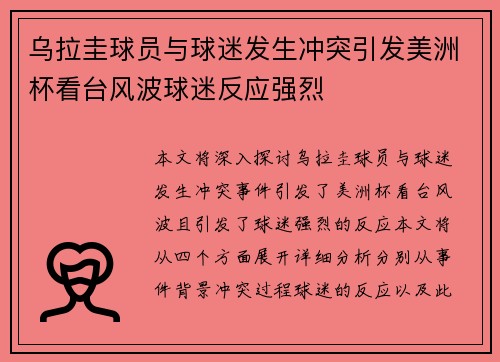 乌拉圭球员与球迷发生冲突引发美洲杯看台风波球迷反应强烈